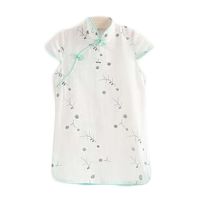 White Chinese Style Girls' Cheongsam Dress Summer Cotton Linen Flower Short Sleeve Vintage Dress