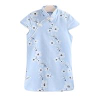 Blue Chinese Style Girls' Cheongsam Dress Summer Cotton Linen Flower Short Sleeve Vintage Dress