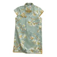 Girls Retro Magnolia Cheongsam Dress Chinese Style Green Summer Dress