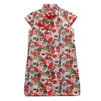 Girls Retro Flower Cat Cheongsam Dress Chinese Style Red Summer Dress