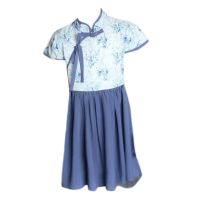 Blue Girls Retro Cheongsam Dress Chinese style Flower Summer Gauze Dress Princess