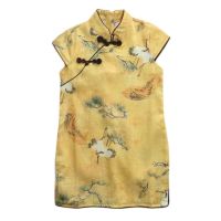 Girls Retro Crane Cheongsam Dress Chinese Style Yellow Summer Dress