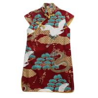 Girls Retro Crane Cheongsam Dress Chinese Style Wine Red Summer Dress